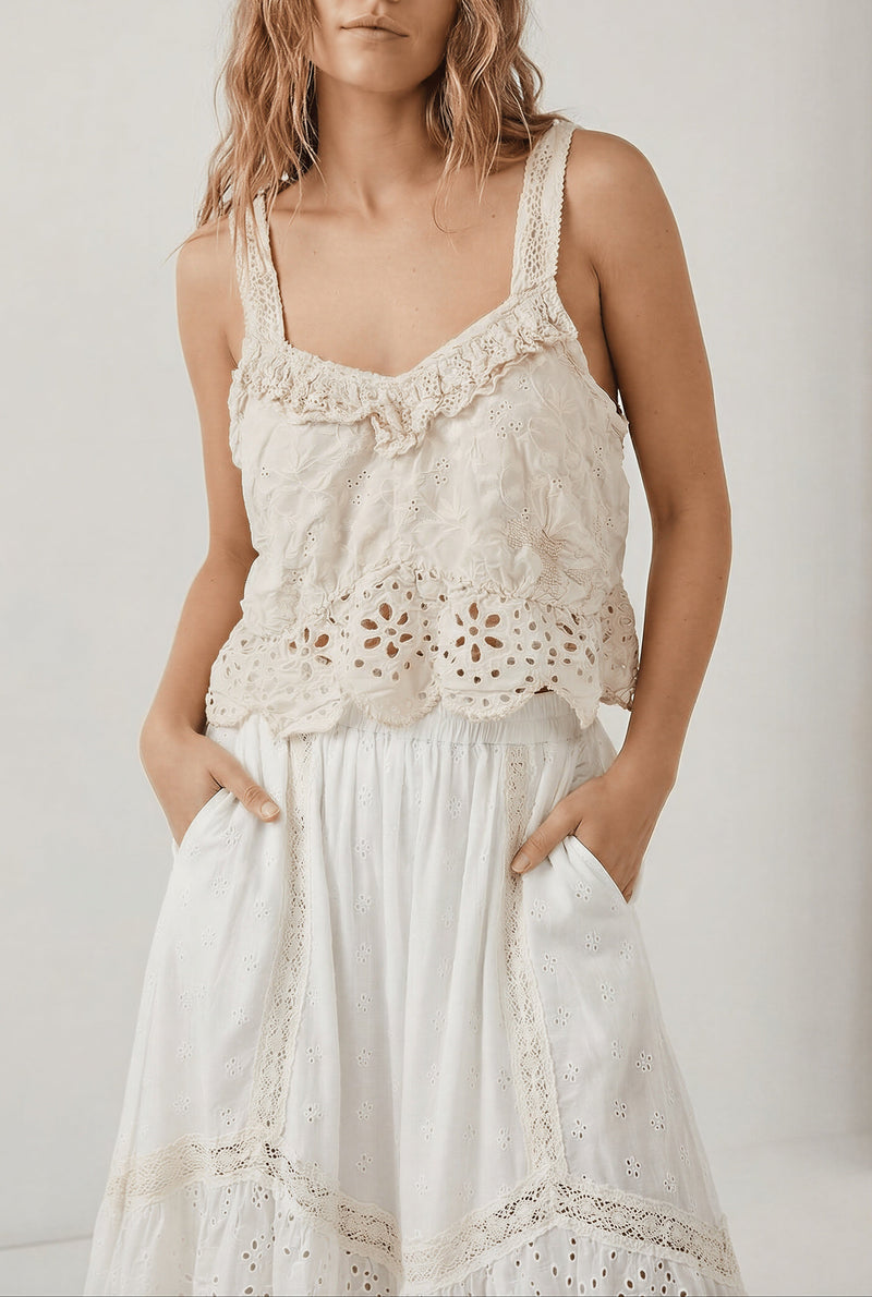 Olive Eyelet Ruffle Tank