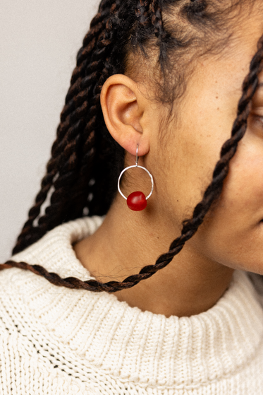 Red African Glass Bead Hoop Earring