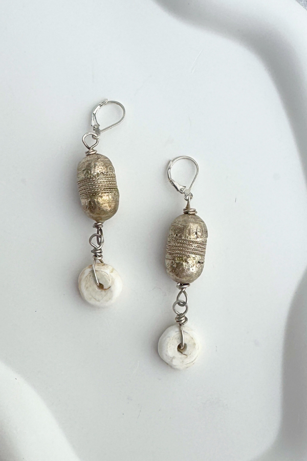 African Silver & White Shell Earring