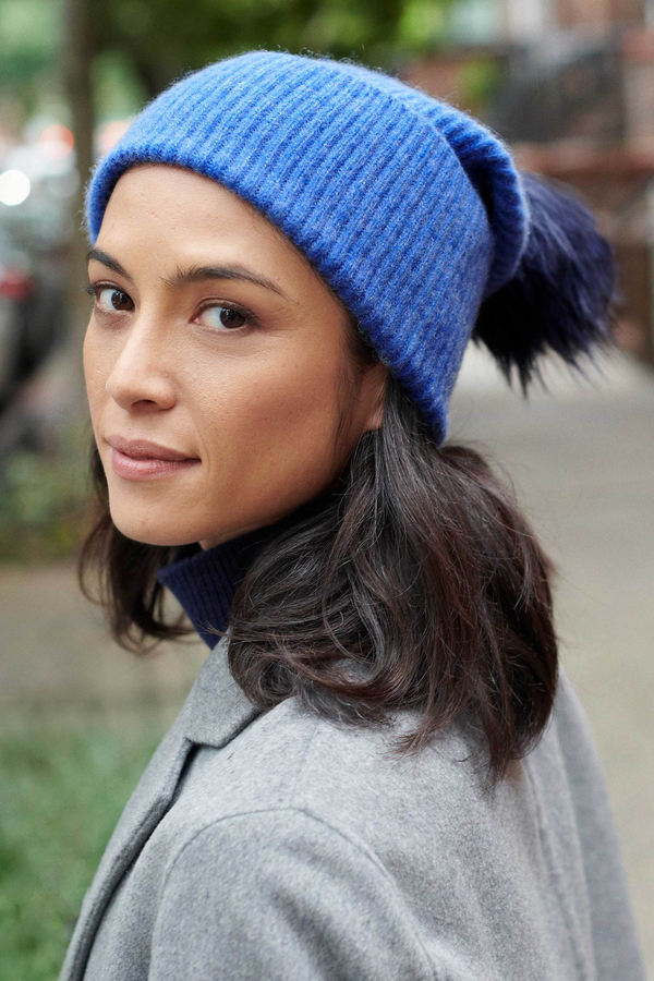 Cashmere Turnback Ribbed Beanie With Pom
