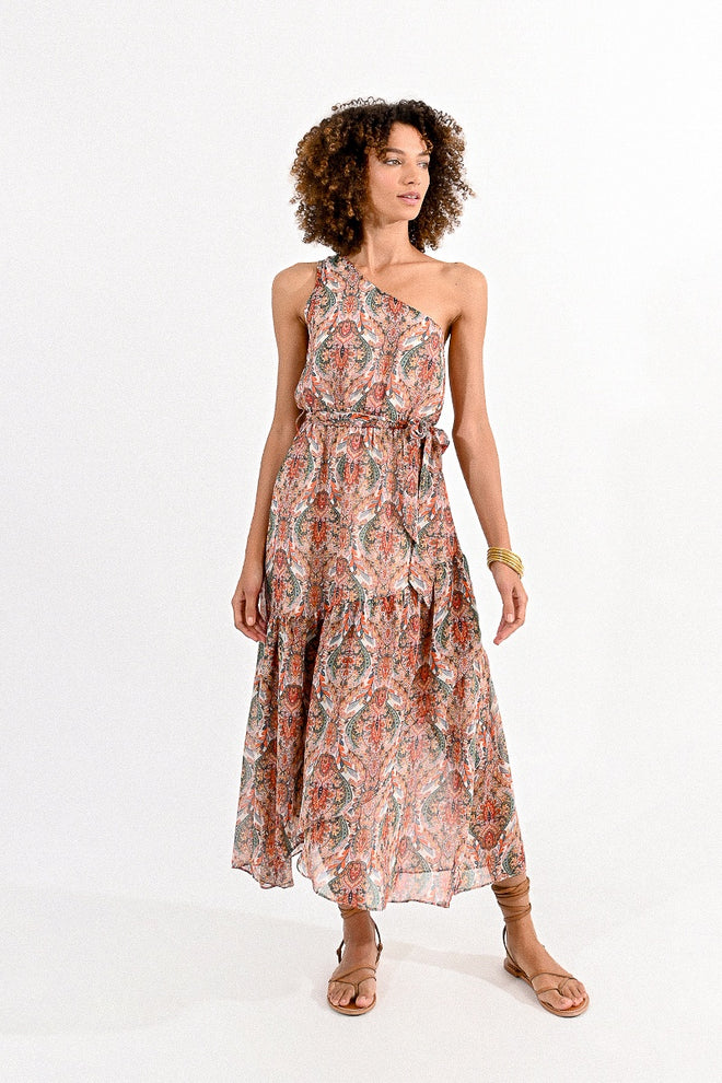 Molly Bracken One Shoulder Paisley Maxi Dress Medium / Camel Rani Molly Bracken One Shoulder Paisley Maxi Dress Medium / Camel Rani
