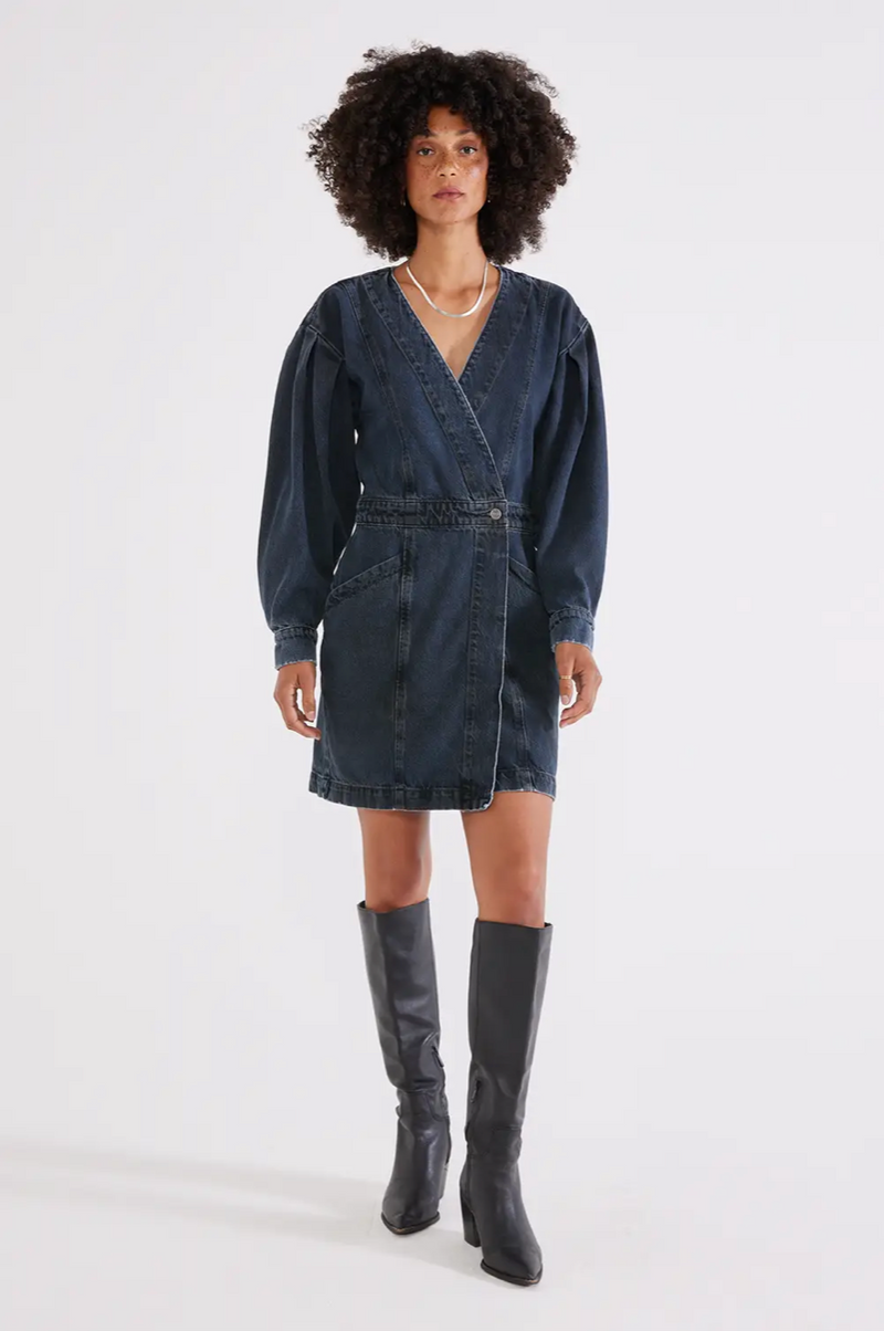 Etica Mira Dark Wash Denim Wrap Mini Dress S / Denim Etica Mira Dark Wash Denim Wrap Mini Dress S / Denim