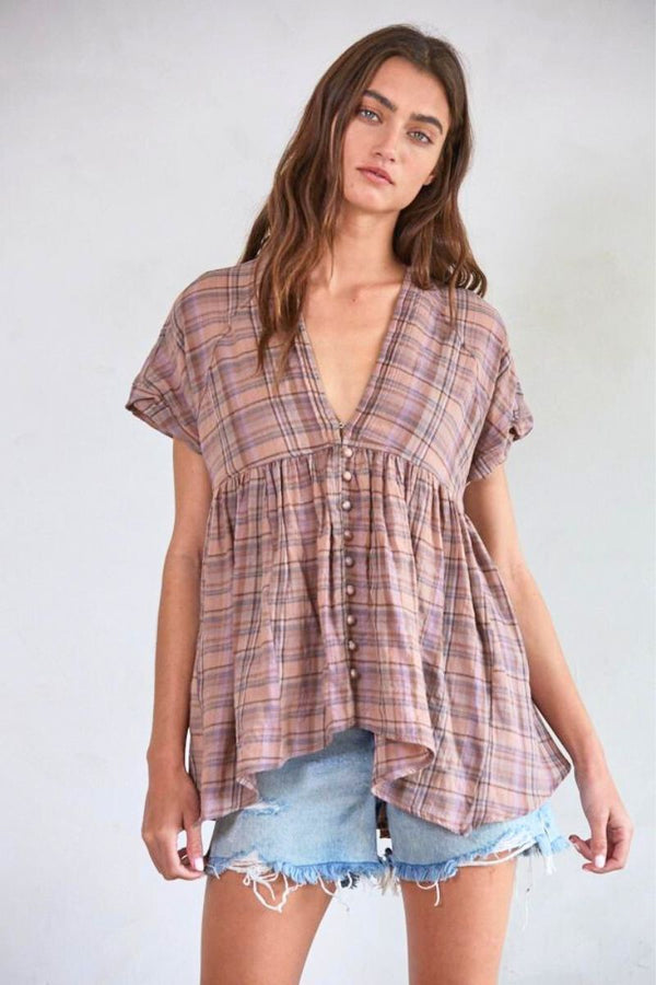 Plaid Plunged V-Neck Button Down Top