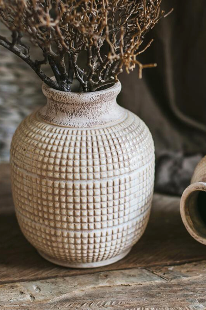 White Textured Porcelain Ceramic Jar Vase